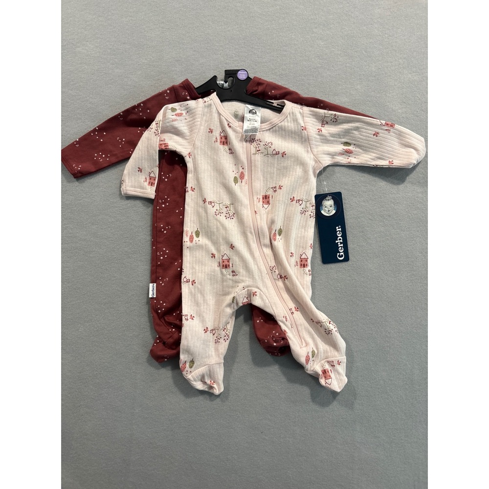 Gerber Newborn 2-Pack Sleep N Play Pink Cottage Burgundy Moon Star Cotton Zip Up